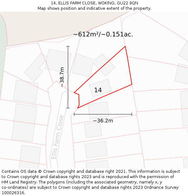 14, ELLIS FARM CLOSE, WOKING, GU22 9QN: Plot and title map