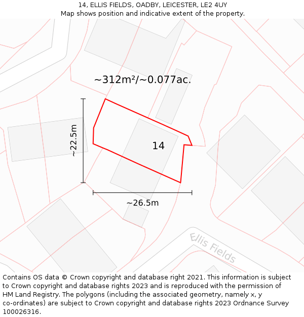 14, ELLIS FIELDS, OADBY, LEICESTER, LE2 4UY: Plot and title map