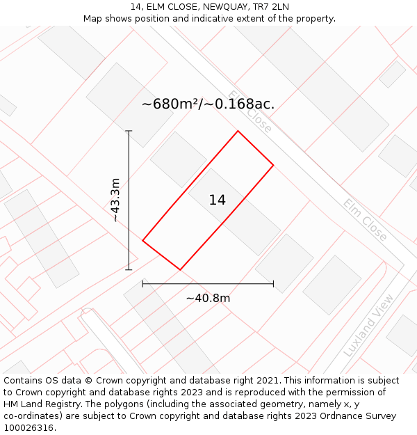 14, ELM CLOSE, NEWQUAY, TR7 2LN: Plot and title map
