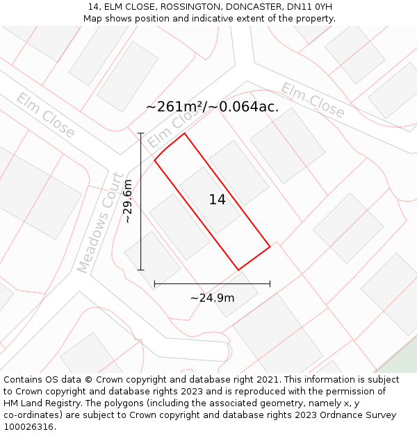 14, ELM CLOSE, ROSSINGTON, DONCASTER, DN11 0YH: Plot and title map