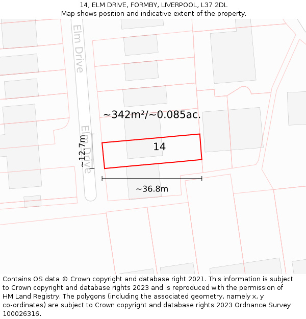 14, ELM DRIVE, FORMBY, LIVERPOOL, L37 2DL: Plot and title map