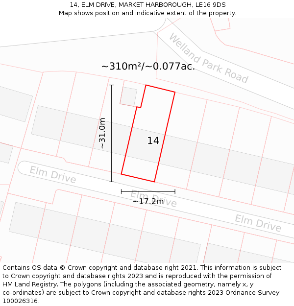 14, ELM DRIVE, MARKET HARBOROUGH, LE16 9DS: Plot and title map