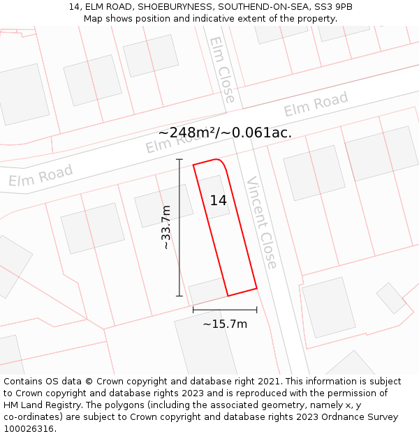 14, ELM ROAD, SHOEBURYNESS, SOUTHEND-ON-SEA, SS3 9PB: Plot and title map