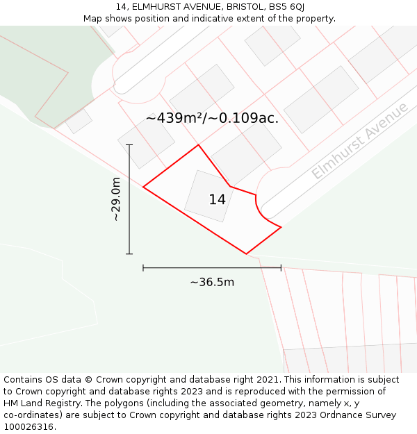 14, ELMHURST AVENUE, BRISTOL, BS5 6QJ: Plot and title map