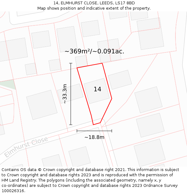 14, ELMHURST CLOSE, LEEDS, LS17 8BD: Plot and title map