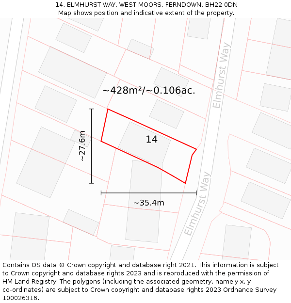 14, ELMHURST WAY, WEST MOORS, FERNDOWN, BH22 0DN: Plot and title map