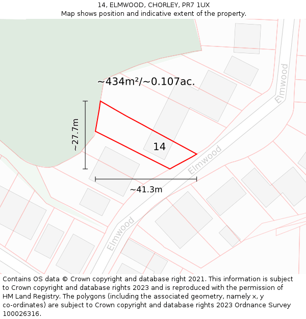 14, ELMWOOD, CHORLEY, PR7 1UX: Plot and title map