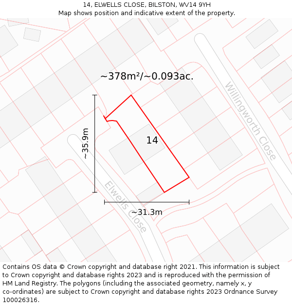 14, ELWELLS CLOSE, BILSTON, WV14 9YH: Plot and title map