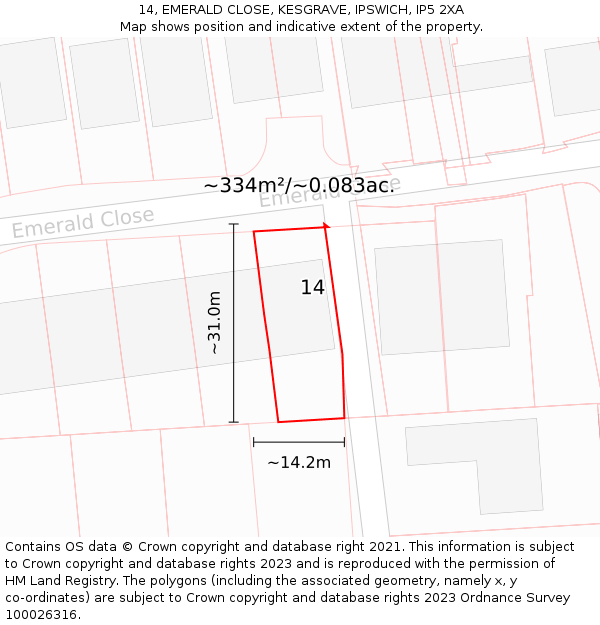 14, EMERALD CLOSE, KESGRAVE, IPSWICH, IP5 2XA: Plot and title map