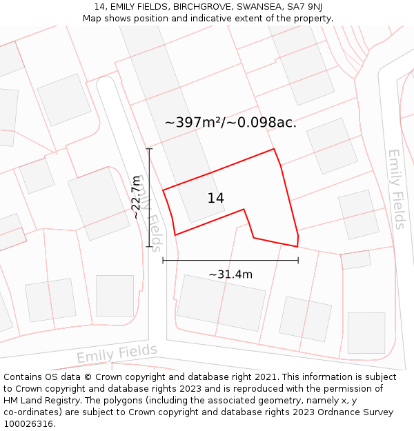 14, EMILY FIELDS, BIRCHGROVE, SWANSEA, SA7 9NJ: Plot and title map