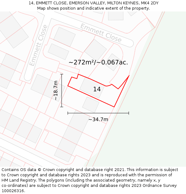 14, EMMETT CLOSE, EMERSON VALLEY, MILTON KEYNES, MK4 2DY: Plot and title map