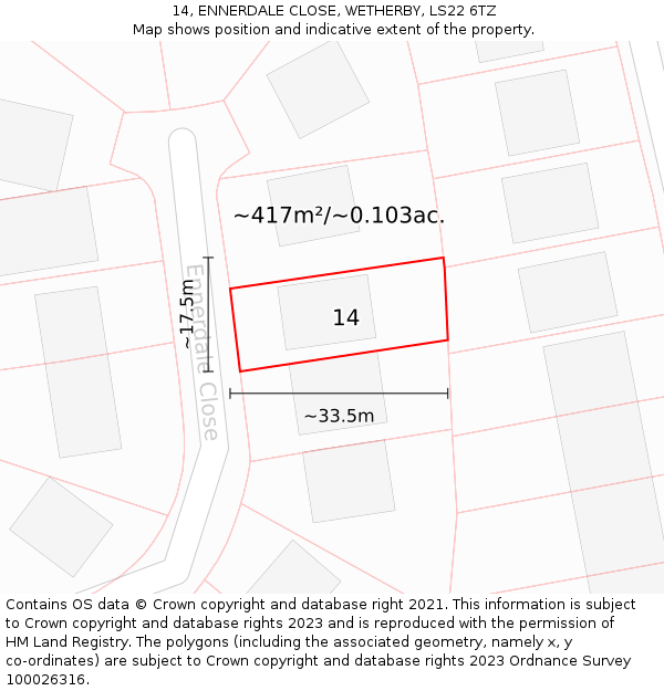 14, ENNERDALE CLOSE, WETHERBY, LS22 6TZ: Plot and title map