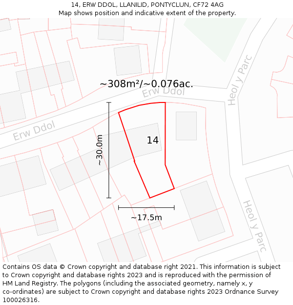 14, ERW DDOL, LLANILID, PONTYCLUN, CF72 4AG: Plot and title map