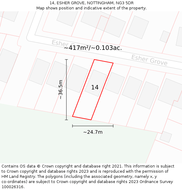14, ESHER GROVE, NOTTINGHAM, NG3 5DR: Plot and title map