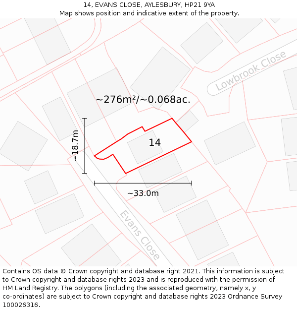 14, EVANS CLOSE, AYLESBURY, HP21 9YA: Plot and title map