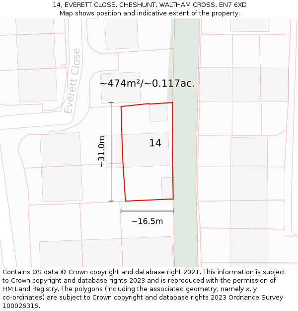 14, EVERETT CLOSE, CHESHUNT, WALTHAM CROSS, EN7 6XD: Plot and title map
