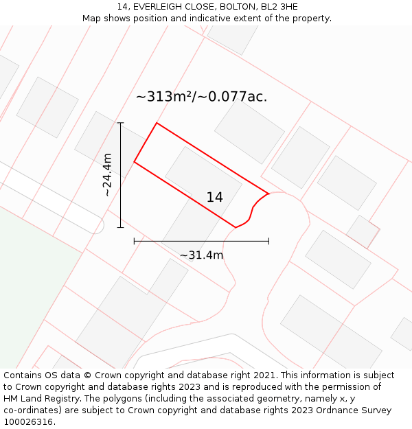 14, EVERLEIGH CLOSE, BOLTON, BL2 3HE: Plot and title map