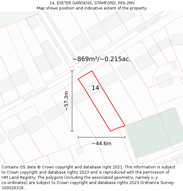 14, EXETER GARDENS, STAMFORD, PE9 2RN: Plot and title map