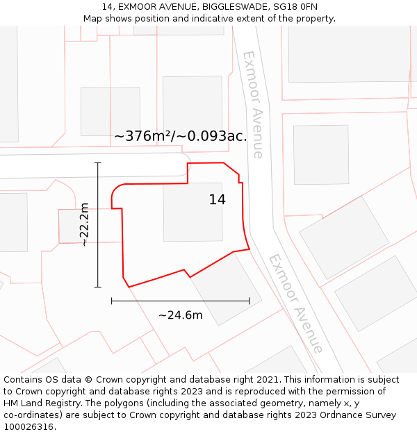 14, EXMOOR AVENUE, BIGGLESWADE, SG18 0FN: Plot and title map