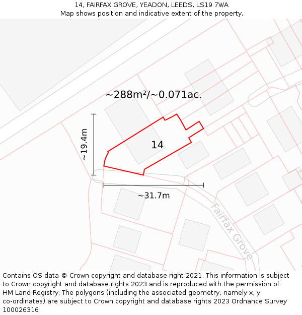14, FAIRFAX GROVE, YEADON, LEEDS, LS19 7WA: Plot and title map