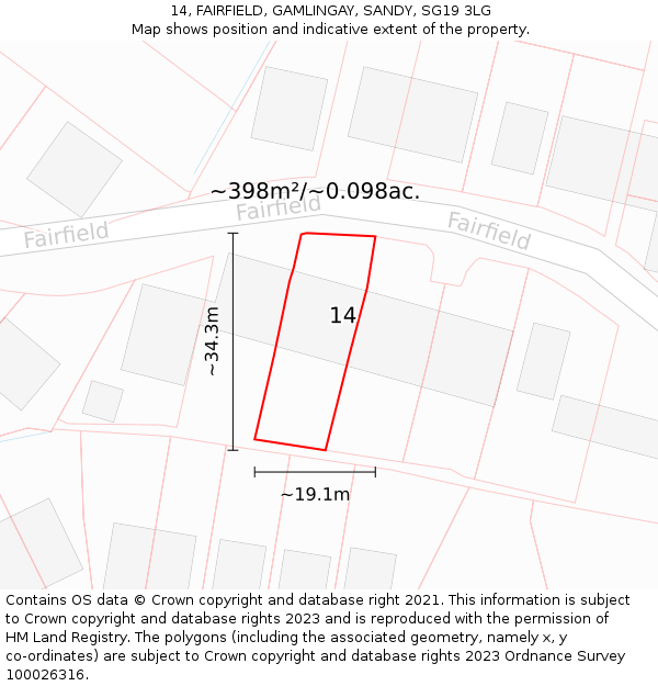 14, FAIRFIELD, GAMLINGAY, SANDY, SG19 3LG: Plot and title map