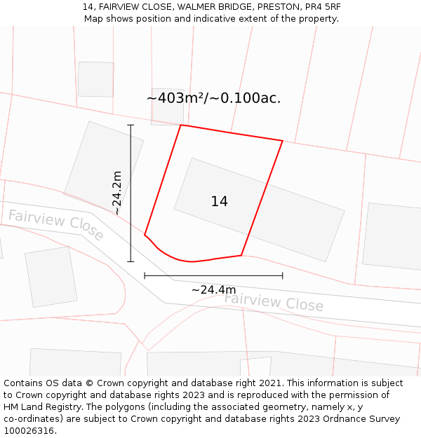 14, FAIRVIEW CLOSE, WALMER BRIDGE, PRESTON, PR4 5RF: Plot and title map