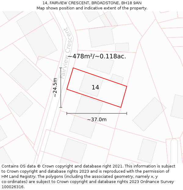 14, FAIRVIEW CRESCENT, BROADSTONE, BH18 9AN: Plot and title map