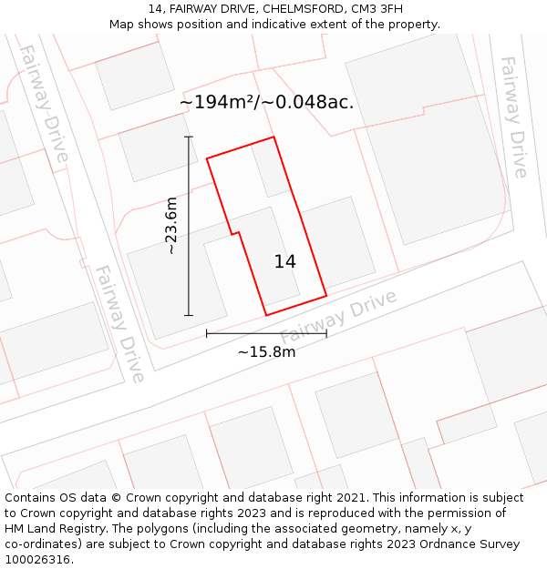 14, FAIRWAY DRIVE, CHELMSFORD, CM3 3FH: Plot and title map