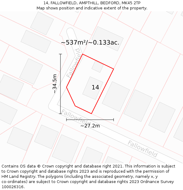 14, FALLOWFIELD, AMPTHILL, BEDFORD, MK45 2TP: Plot and title map