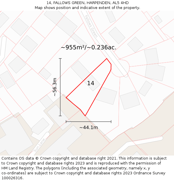 14, FALLOWS GREEN, HARPENDEN, AL5 4HD: Plot and title map