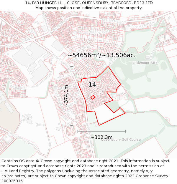 14, FAR HUNGER HILL CLOSE, QUEENSBURY, BRADFORD, BD13 1FD: Plot and title map