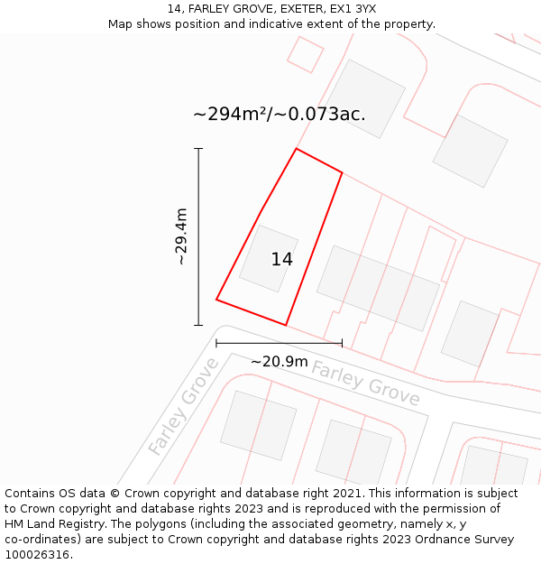 14, FARLEY GROVE, EXETER, EX1 3YX: Plot and title map