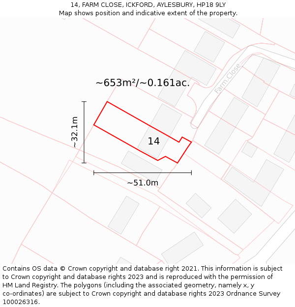 14, FARM CLOSE, ICKFORD, AYLESBURY, HP18 9LY: Plot and title map