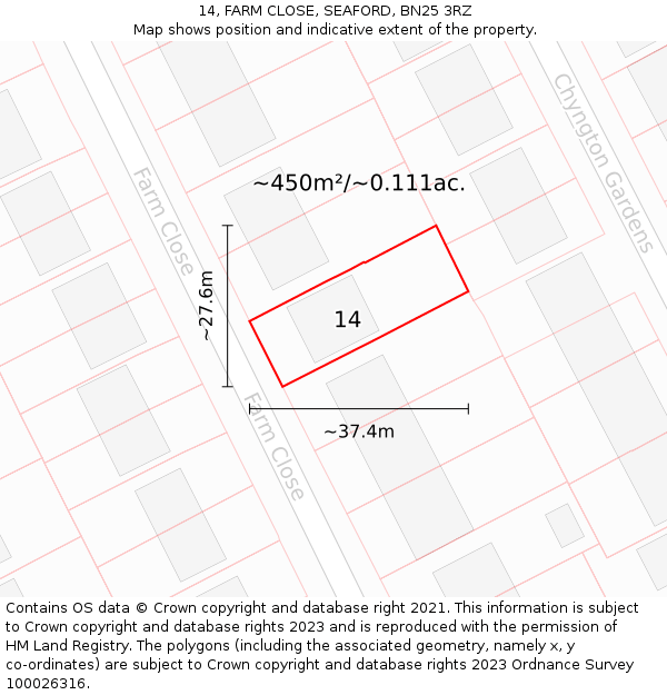 14, FARM CLOSE, SEAFORD, BN25 3RZ: Plot and title map