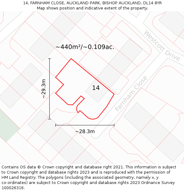 14, FARNHAM CLOSE, AUCKLAND PARK, BISHOP AUCKLAND, DL14 8YR: Plot and title map