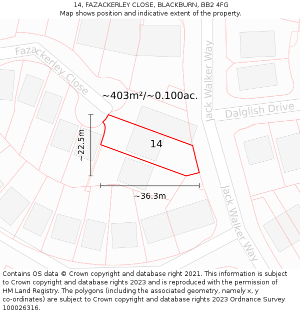 14, FAZACKERLEY CLOSE, BLACKBURN, BB2 4FG: Plot and title map