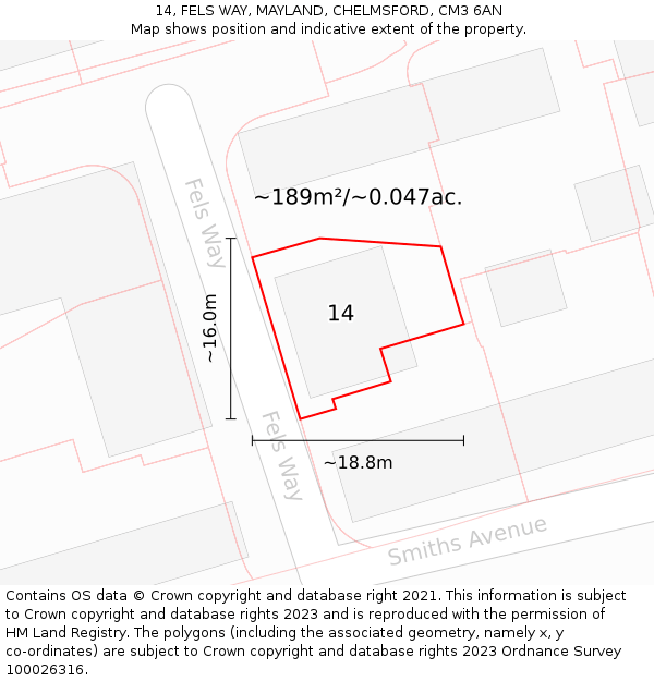 14, FELS WAY, MAYLAND, CHELMSFORD, CM3 6AN: Plot and title map
