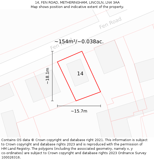 14, FEN ROAD, METHERINGHAM, LINCOLN, LN4 3AA: Plot and title map
