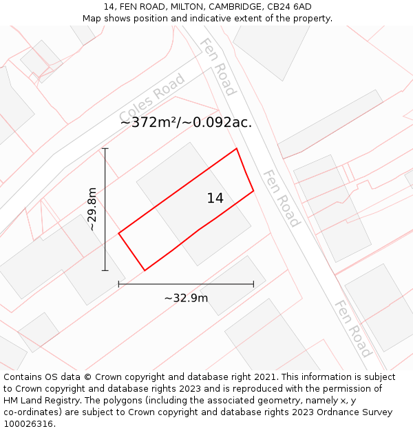 14, FEN ROAD, MILTON, CAMBRIDGE, CB24 6AD: Plot and title map