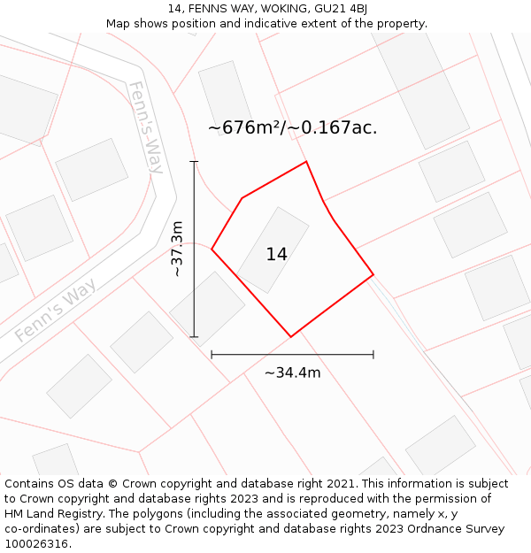 14, FENNS WAY, WOKING, GU21 4BJ: Plot and title map
