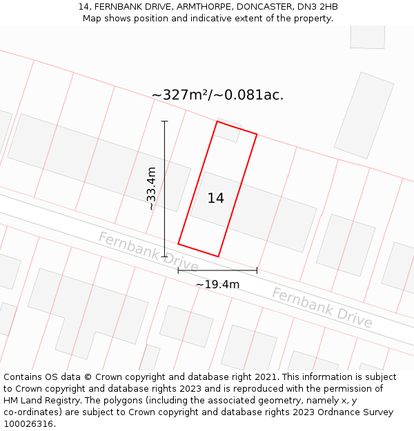 14, FERNBANK DRIVE, ARMTHORPE, DONCASTER, DN3 2HB: Plot and title map