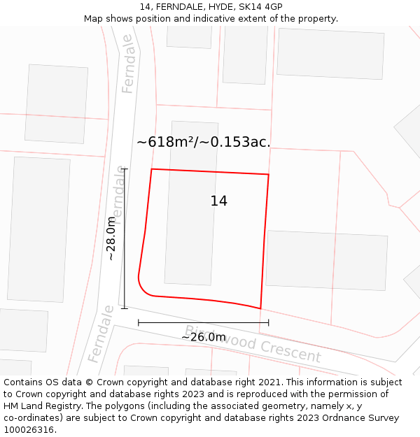 14, FERNDALE, HYDE, SK14 4GP: Plot and title map