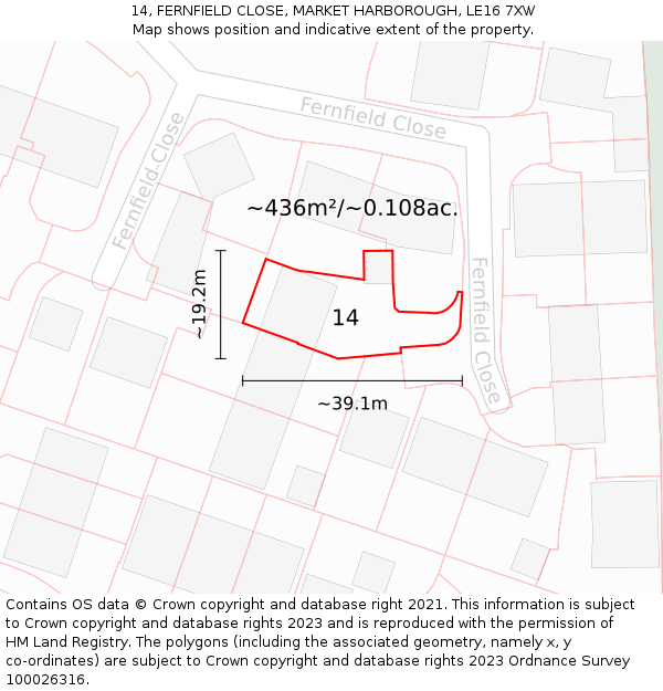 14, FERNFIELD CLOSE, MARKET HARBOROUGH, LE16 7XW: Plot and title map