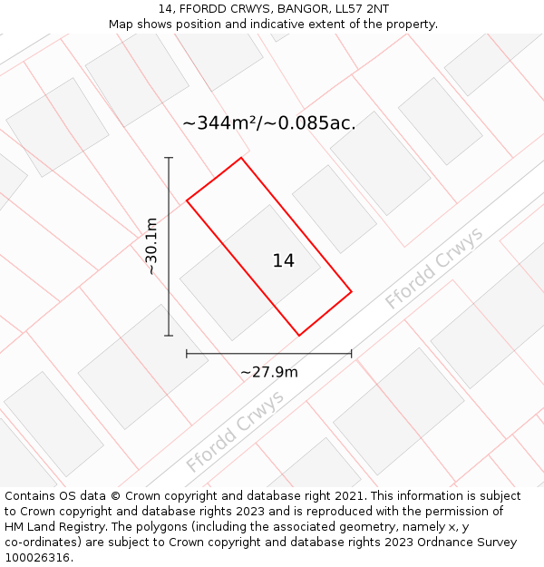 14, FFORDD CRWYS, BANGOR, LL57 2NT: Plot and title map