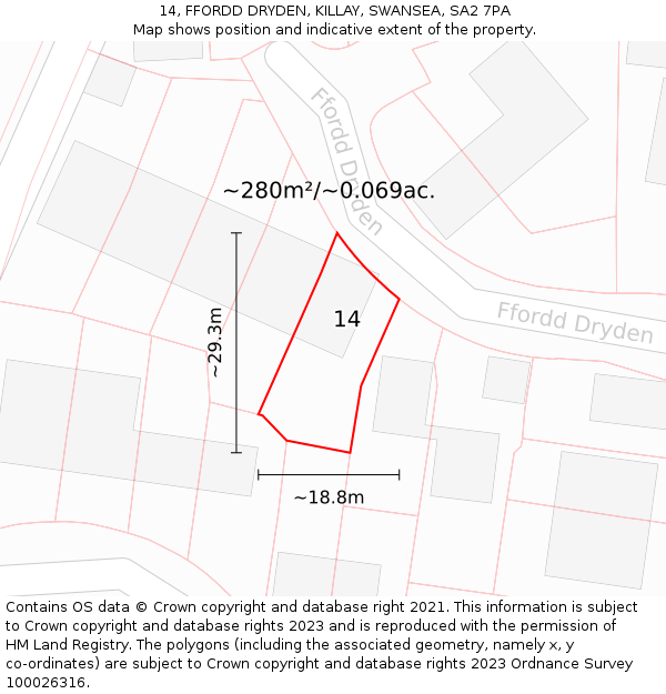 14, FFORDD DRYDEN, KILLAY, SWANSEA, SA2 7PA: Plot and title map