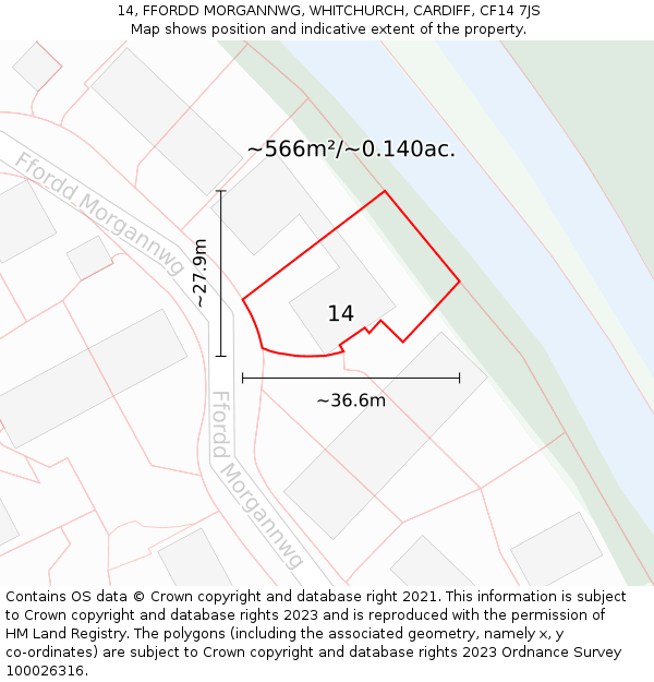 14, FFORDD MORGANNWG, WHITCHURCH, CARDIFF, CF14 7JS: Plot and title map