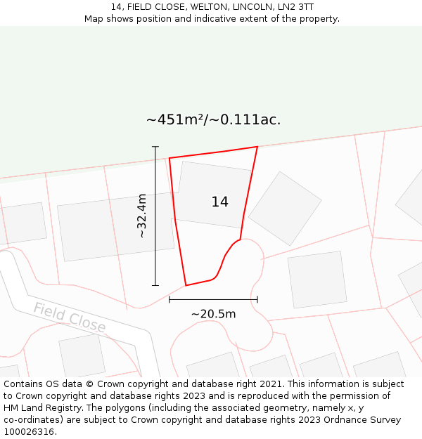 14, FIELD CLOSE, WELTON, LINCOLN, LN2 3TT: Plot and title map