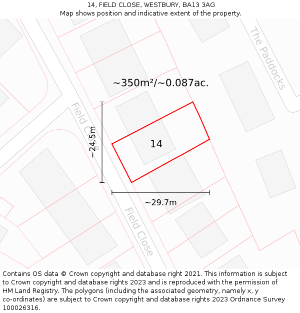 14, FIELD CLOSE, WESTBURY, BA13 3AG: Plot and title map