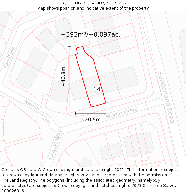 14, FIELDFARE, SANDY, SG19 2UZ: Plot and title map