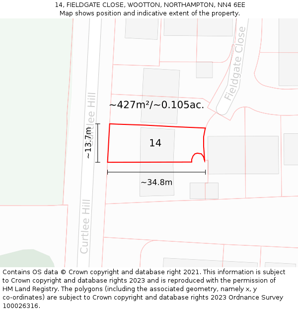 14, FIELDGATE CLOSE, WOOTTON, NORTHAMPTON, NN4 6EE: Plot and title map